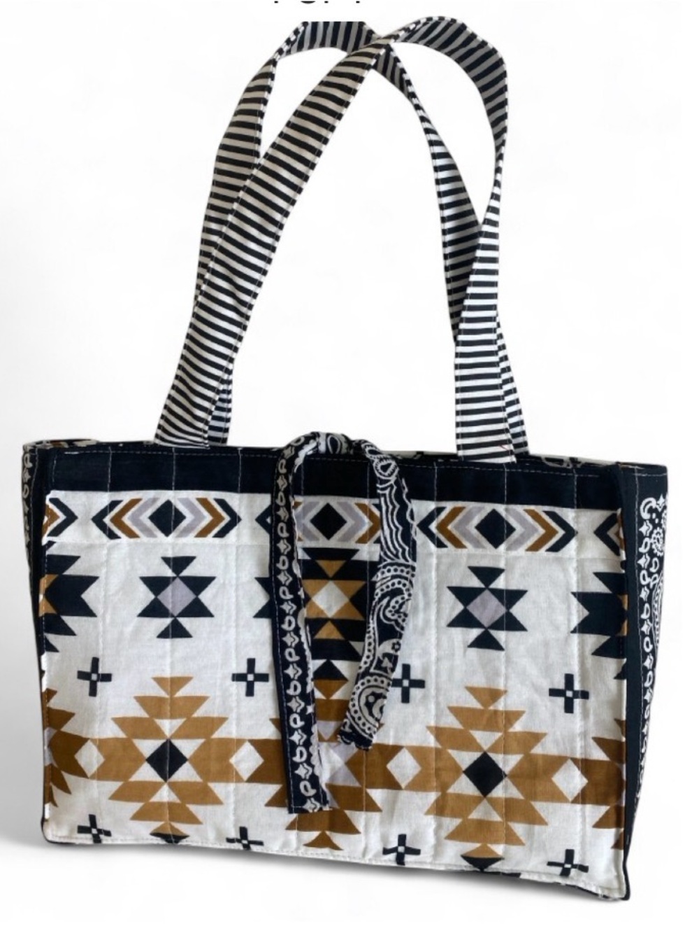 Handmade Custom White, Tan, Black Aztec Print Quilted Boxy Mini Bandana Tote Bag